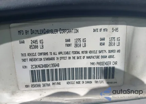 2006 Chrysler 300C z USA, uszkodzony, nr VIN 2C3KA63H86H135648